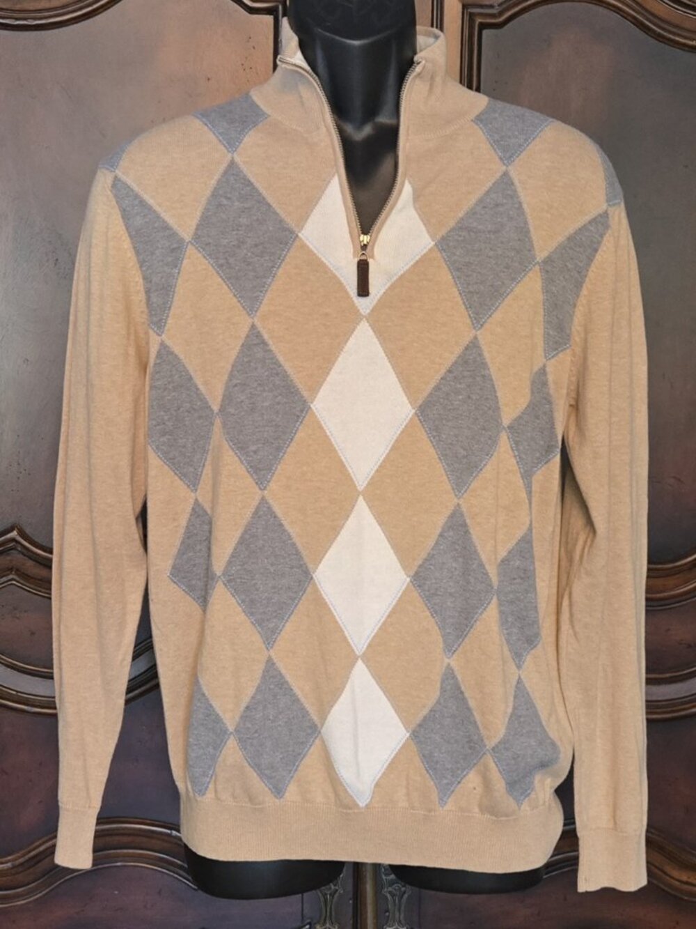 Tasso Elba Argyle 1/4 Zip 100% Cotton Sweater Mock Neck Tan, White & Gray Size S